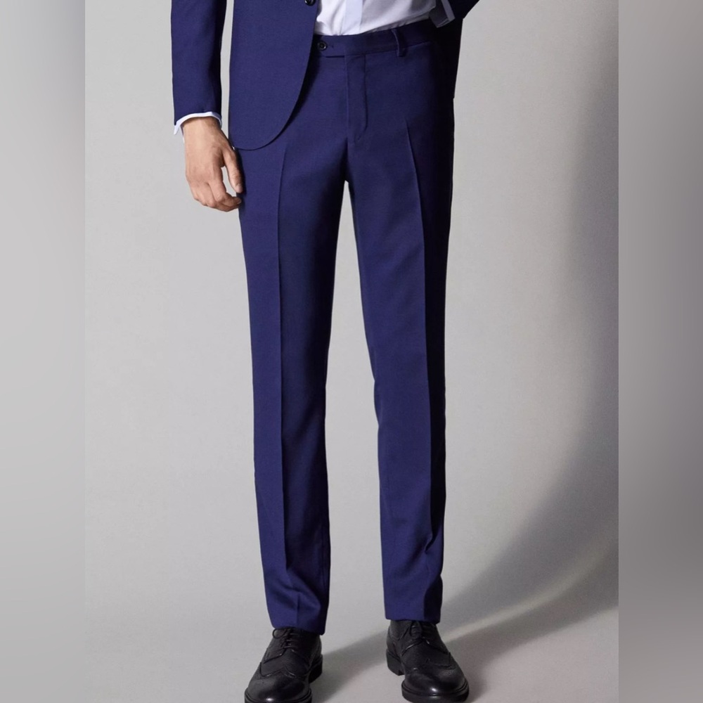 Massimo Dutti Men'S Slim Fit Trousers Blue Solid Dress Pants Size 32